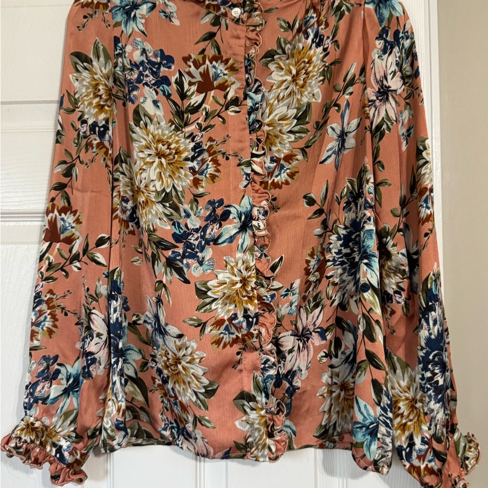 FRNCH Floral Ruffle Blouse - Peach and Blue